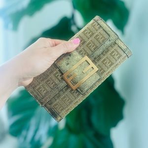 FENDI FF Buckle Flap Wallet Zucchino Canvas Long rare in gold color